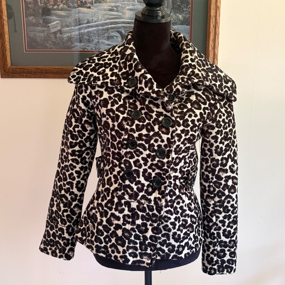 Forever 21 Leopard Print Jacket Womens Medium Cropped Double Breasted Pea Coat